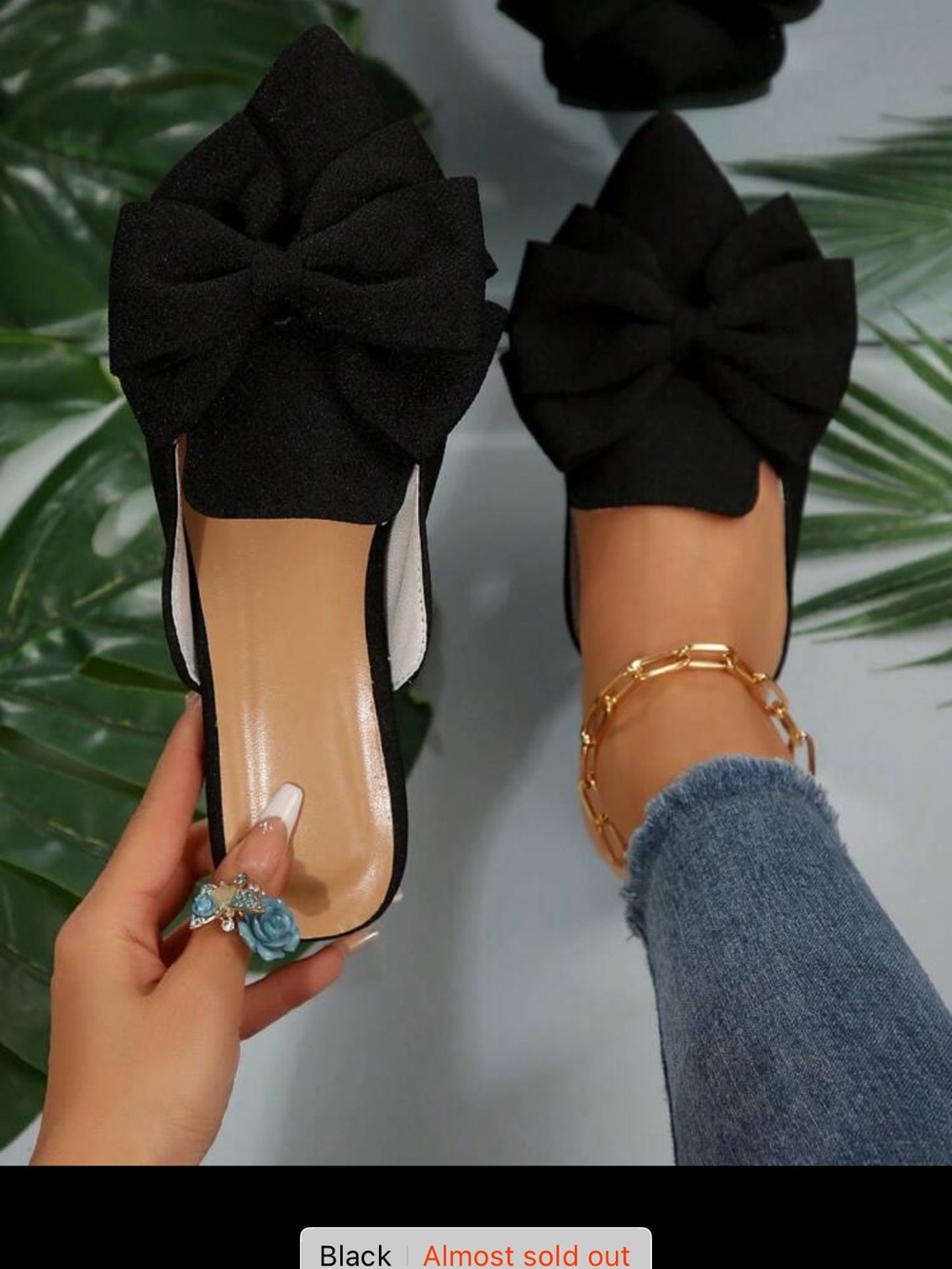 SHEIN Black Bow Pointed Toe Slip-On Mules